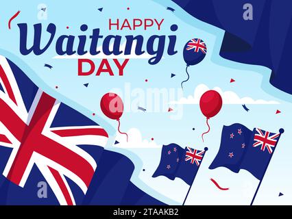 Joyeux Waitangi Day Illustration vectorielle le 6 février avec drapeau et carte de Nouvelle-Zélande dans la conception de fond de dessin animé plat de vacances nationales Illustration de Vecteur