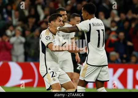 Madrid, Naples, Espagne. 29 novembre 2023. Rodrygo, du Real Madrid, célèbre son premier gol lors du match de football du groupe C de l'UEFA Champions League entre le Real Madrid et la SSC Napoli à l'Estadio Santiago Bernabeu à Madrid, en Espagne. 29 novembre 2023 (image de crédit : © Ciro de Luca/ZUMA Press Wire) USAGE ÉDITORIAL SEULEMENT! Non destiné à UN USAGE commercial ! Banque D'Images