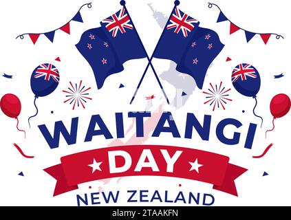 Joyeux Waitangi Day Illustration vectorielle le 6 février avec drapeau et carte de Nouvelle-Zélande dans la conception de fond de dessin animé plat de vacances nationales Illustration de Vecteur