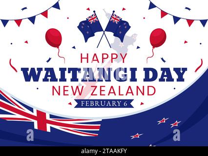 Joyeux Waitangi Day Illustration vectorielle le 6 février avec drapeau et carte de Nouvelle-Zélande dans la conception de fond de dessin animé plat de vacances nationales Illustration de Vecteur