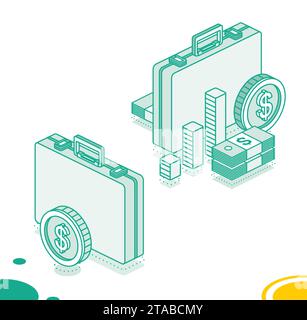 Mallette d'affaires avec colonnes, pièce de monnaie et pile de dollars. Concept de contour isométrique. Illustration vectorielle. objets 3d. Illustration de Vecteur