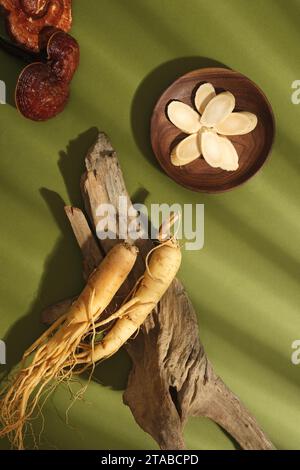 Vue de dessus de tranches de ginseng sur plat en bois, racines de ginseng sur brindille sèche et champignon ganoderma sur fond vert. Scène publicitaire pour produit, tradit Banque D'Images