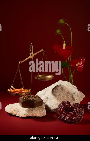 Scène minimale pour le produit publicitaire avec le concept à base de plantes et moderne. Cordyceps sur échelle, champignon lingzhi, pierres beiges et fleur décorée sur rouge b Banque D'Images