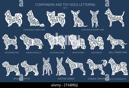 Chien élève des silhouettes avec lettrage, clipart de style simple. Collection de chiens de compagnie et de chiens jouets. Illustration vectorielle Illustration de Vecteur