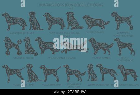 Chien élève des silhouettes avec lettrage, clipart de style simple. Chiens de chasse et collection Gun Dog. Illustration vectorielle Illustration de Vecteur