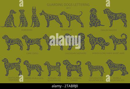 Chien élève des silhouettes avec lettrage, clipart de style simple. Collection de chiens gardiens et de chiens d'assistance. Illustration vectorielle Illustration de Vecteur