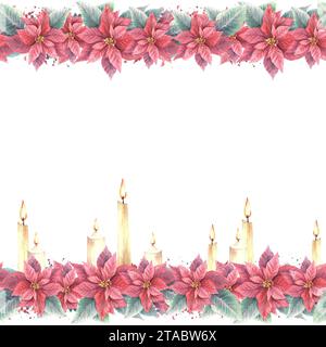 Bordure sans couture peinte à l'aquarelle, cadre de fleurs et de feuilles rouges de Poinsettia avec des bougies flamboyantes, des éclaboussures. Illustration pour Noël, nouvel an Banque D'Images