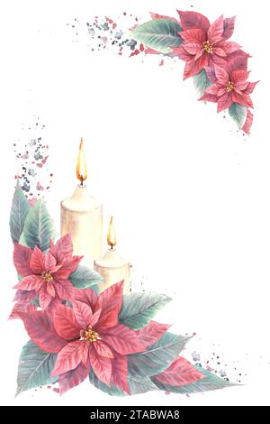 Cadre d'angle peint à l'aquarelle avec des feuilles de fleurs de Poinsettia rouges avec des bougies flamboyantes et des éclaboussures Illustration pour Noël, carte du nouvel an Banque D'Images