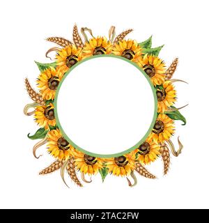 Illustration à l'aquarelle d'une couronne de tournesols à cadre rond et d'épis de blé. Fête de la récolte isolé sur fond blanc. Fleurs faites à la main pour W Banque D'Images