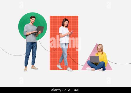 Collage d'image de bannière de personnes professionnelles réussies travaillant ensemble en utilisant la technologie moderne isolé sur fond créatif Banque D'Images