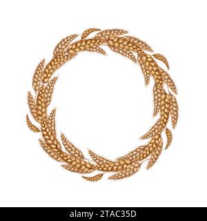 Illustration à l'aquarelle d'une couronne faite d'oreilles mûres de blé et de feuilles séchées. Cadre rond de rafles isolé sur fond blanc. Pour les menus, bannières, Banque D'Images
