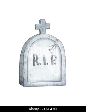 Illustration aquarelle pierre tombale grise pour Halloween. Pierre funéraire isolée sur fond blanc. Concept de conception pour affiche, carte, bannière, tissu Banque D'Images