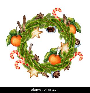 Illustration à l'aquarelle d'une couronne de Noël faite de branches de sapin, mandarines, cannelle, bonbons, biscuits, bonbons. Isolé sur fond blanc. C Banque D'Images