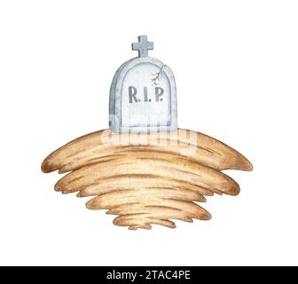 Illustration à l'aquarelle d'une pierre tombale grise sur une colline pour Halloween. Pierre funéraire isolée sur fond blanc. Concept de conception pour affiche, carte Banque D'Images
