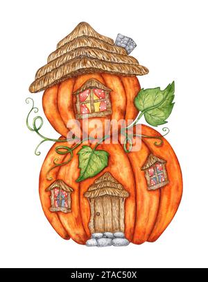 Illustration à l'aquarelle d'une maison de citrouille orange avec une porte en bois et des fenêtres. Maison de conte de fées d'automne peinte à la main dans la forêt. Mignon potiron Hou Banque D'Images