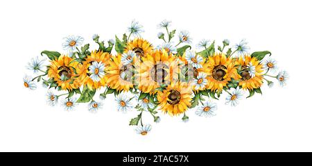 Illustration à l'aquarelle d'une couronne de tournesols jaunes et de marguerites blanches. Festival de la récolte. La frontière est isolée. Compositions pour affiches, cartes, Banque D'Images