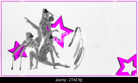 Art contemporain, collage. Fille flexible, en maillot de bain élégant effectuant des tours avec des équipements sportifs en noir et blanc filtre contre blanc Banque D'Images