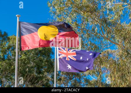 Le drapeau aborigène des Premières Nations et le drapeau national australien flottent ensemble près des eucalyptus sous un soleil éclatant Banque D'Images