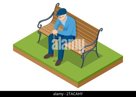 Vieil homme isométrique assis sur un banc dans le parc. Activité de loisirs, retraite. Grand-père se reposant dans le parc, loisirs d'air frais. Retraité de vieillesse Illustration de Vecteur