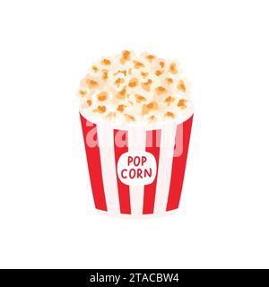 Seau de pop-corn, récipient de cinéma vectoriel ou de snack de cinéma. Emballage en boîte, sac ou tasse de papier rayé blanc et rouge avec des noyaux éclatés Illustration de Vecteur