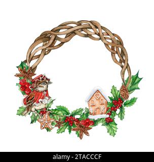 Couronne de Noël avec branches de sapin, illustration aquarelle pour cartes, fonds, scrapbooking. Fond dessiné à la main avec des plantes du nouvel an et berri Banque D'Images