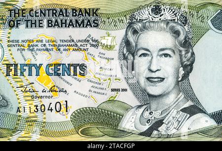 Angleterre Queen Elizabeth II (1926 - 2022) portrait des Bahamas 1/2 Dollar 2001 billets de banque Banque D'Images