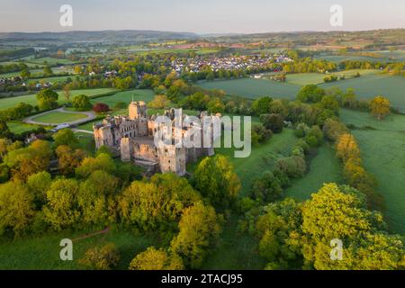 Vue aérienne des impressionnantes ruines médiévales du château de Raglan, Monmouthshire, pays de Galles. Printemps (mai) 2022. Banque D'Images