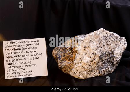 Franklinite, zincite, sphalérite et calcite minéraux sous lumière normale. USU Eastern Prehistoric Museum, Price, Utah. Banque D'Images