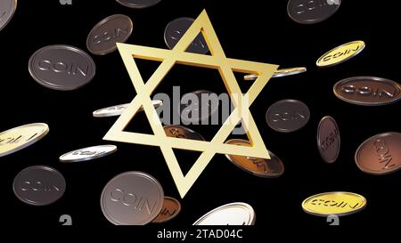 L'étoile de David comme un symbole de juif avec des pièces tombant d'en haut dans le rendu 3d de fond noir Banque D'Images