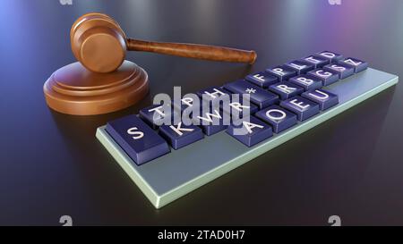 Rendu 3D en gros plan d'un clavier sténotype, également connu sous le nom de clavier abrégé ou sténographe, avec un marteau de cour Banque D'Images