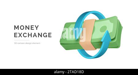 Paquet d'argent 3D avec flèches circulaires. Concept de change de devises. Service de paiement et cashback. Gestion financière. Illustration vectorielle Illustration de Vecteur