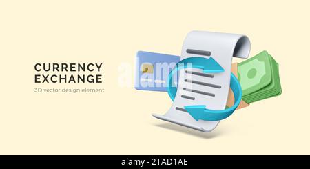 Concept de devise de change. Réapprovisionnement en espèces du compte bancaire. Facture papier avec flèches et carte de crédit et dollars. Gérer l'argent. Illustration vectorielle Illustration de Vecteur