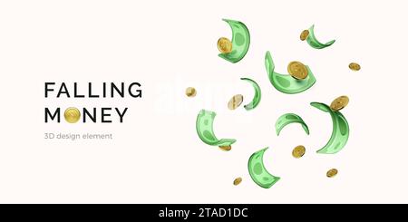 Chute d'argent. Pièces d'or 3D et monnaie de papier vert. Gain de casino ou fond de succès d'affaires. Des dollars réalistes. Cash dans le style de dessin animé. Vector ill Illustration de Vecteur