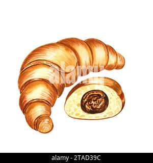 Illustration d'aquarelle demi-coupée et croissant. Image dessinée à la main de pâtisseries fraîches avec garniture au chocolat pour le menu de boulangerie. Composition d'emballage. Banque D'Images