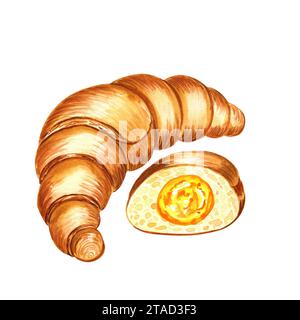 Illustration d'aquarelle demi-coupée et croissant. Image dessinée à la main de pâtisserie fraîche avec abricot ou garniture jaune pour le menu de boulangerie. Composition pour emballage Banque D'Images