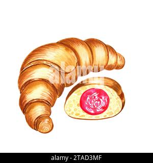 Illustration d'aquarelle demi-coupée et croissant. Image dessinée à la main de pâtisseries fraîches avec fraises ou garnitures rouges pour le menu de boulangerie. Composition pour pa Banque D'Images