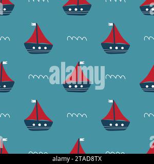 Vecteur dessiné à la main mignon sans couture répétant un motif simple enfantin avec des navires mignons Illustration de Vecteur