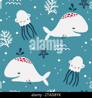 Motif sans couture mignon avec des poulpes de baleines créatives et colorées. Illustration de Vecteur