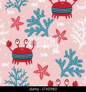 Mignon coloré enfantin sans couture répétant un motif plat simple avec des crabes et des plantes Illustration de Vecteur