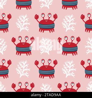 Mignon coloré enfantin sans couture répétant un motif plat simple avec des crabes et des plantes. Illustration de Vecteur