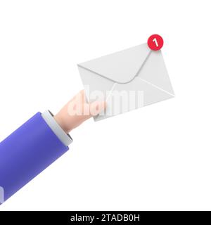 Concept de message reçu. Nouveau, e-mail entrant, sms. Service de livraison de courrier. Enveloppe en main. recevoir du courrier. Rendu 3D sur fond blanc. Banque D'Images