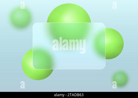 Page d'atterrissage en morphisme de verre avec cadre carré. Illustration vectorielle avec des sphères flottantes floues. Illustration de Vecteur