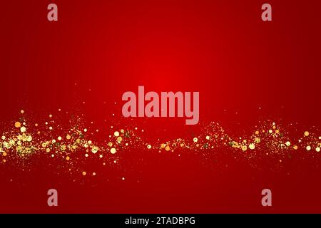 Texture de paillettes dorées sur fond rouge. Particules abstraites de couleur dorée, flux de confettis ondulés brillants. Fond festif. Illustration de Vecteur