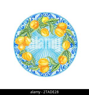 Citrons à l'aquarelle et cadre de couronne ronde en majolique sicilienne. Carte dessinée à la main avec élément de carreaux de céramique de style italien. Conception pour invitation et congrat Banque D'Images