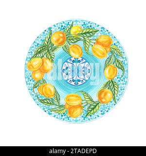 Citrons à l'aquarelle et cadre de couronne ronde en majolique sicilienne. Carte dessinée à la main avec élément de carreaux de céramique de style italien. Conception pour invitation et congrat Banque D'Images