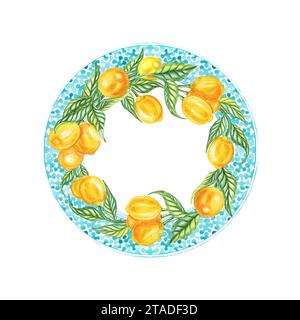 Citrons à l'aquarelle et cadre de couronne ronde en majolique sicilienne. Carte dessinée à la main avec élément de carreaux de céramique de style italien. Conception pour invitation et congrat Banque D'Images