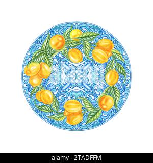 Citrons à l'aquarelle et cadre de couronne ronde en majolique sicilienne. Carte dessinée à la main avec élément de carreaux de céramique de style italien. Conception pour invitation et congrat Banque D'Images