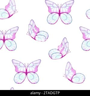 Papillons transparents motif aquarelle sans couture. Fond sans fin dessiné à la main avec des insectes. Impression délicate pour tissu et papier peint. Banque D'Images