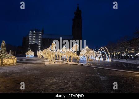 Sculptures de chevaux illuminées, lumières de Noël, cathédrale de Magdebourg derrière, Magdebourg, Saxe-Anhalt, Allemagne Banque D'Images