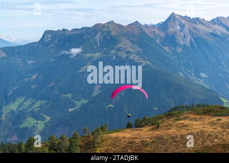 Vols en parapente au départ du Mont Penken (2095m), Tandem-parapente Mayrhofen, Alpes de Zillertal, Tyrol, Autriche Banque D'Images